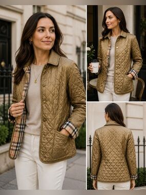 Burberry London Quilted Jacket Women’s XS Gold Beige Nova Check Lightweight Coat